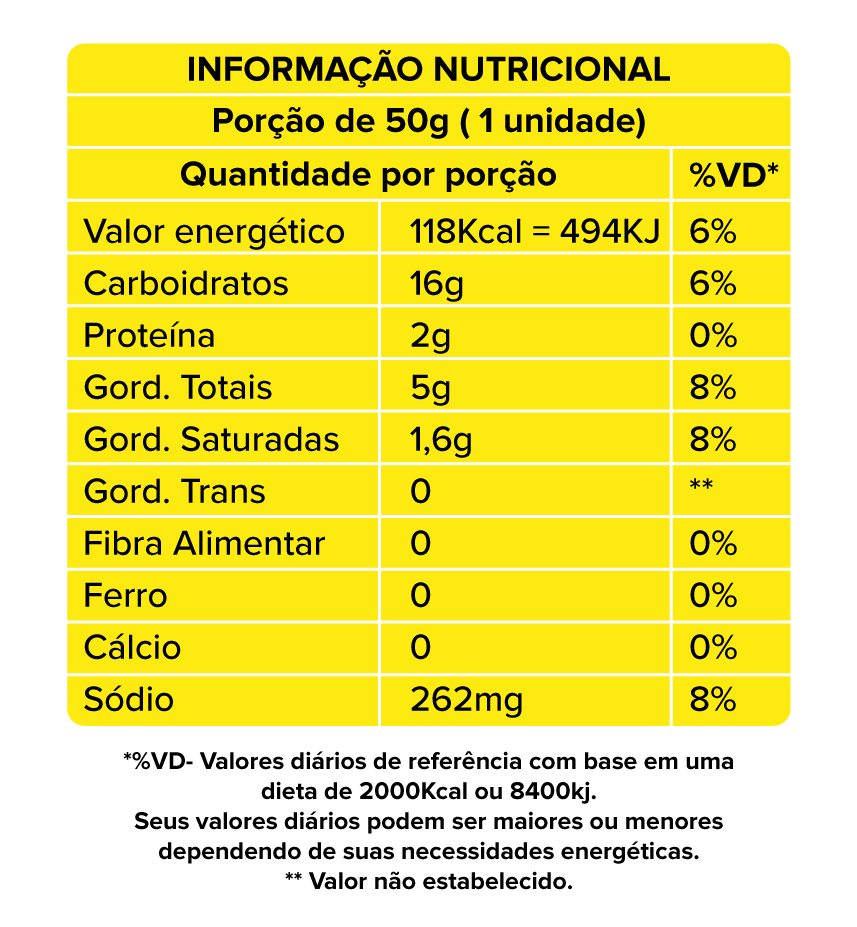 Pão de Queijo Arriba Tradicional Tabela Nutricional